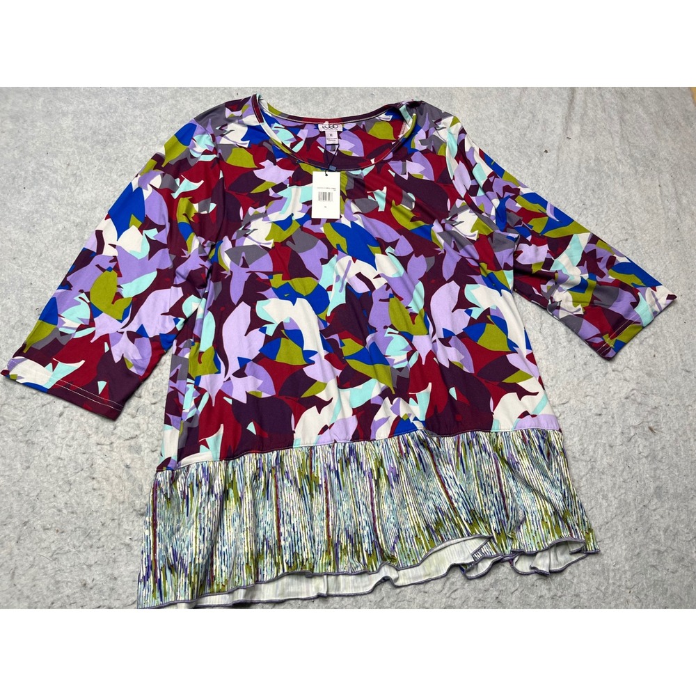 LOGO‎ Lori Goldstein Abstract Print Tunic Top 3/4 Sleeve Pleated Ruffle Hem XL